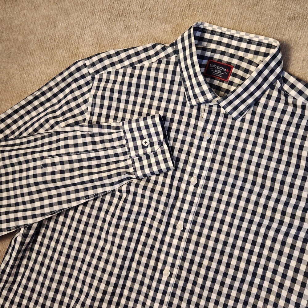 UNTUCKit Button Down Men Large Navy White Gingham Wrinkle Free Long Sleeve Shirt